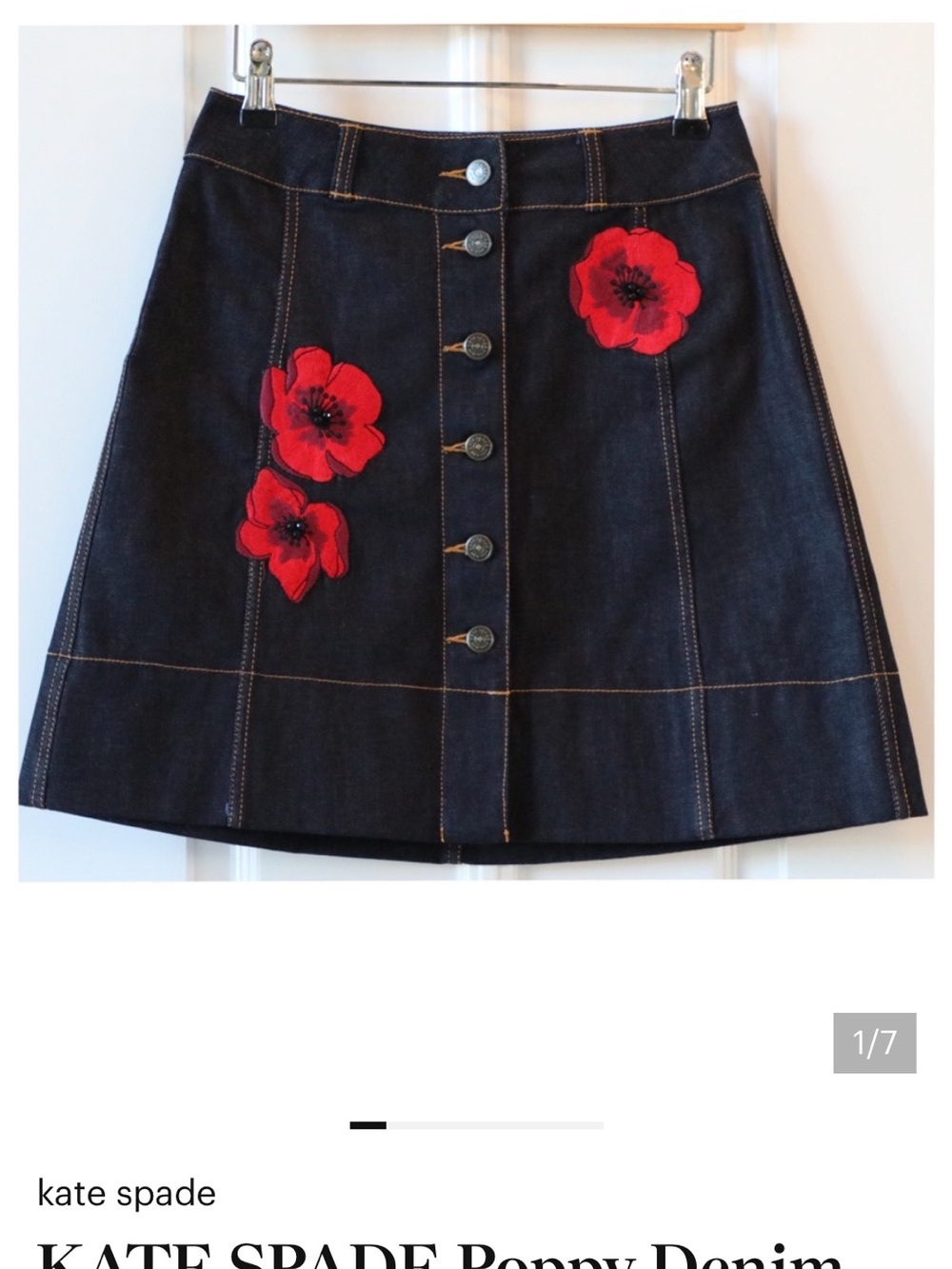 kate spade Black Denim A-Line Skirt with Red Floral Appliqués